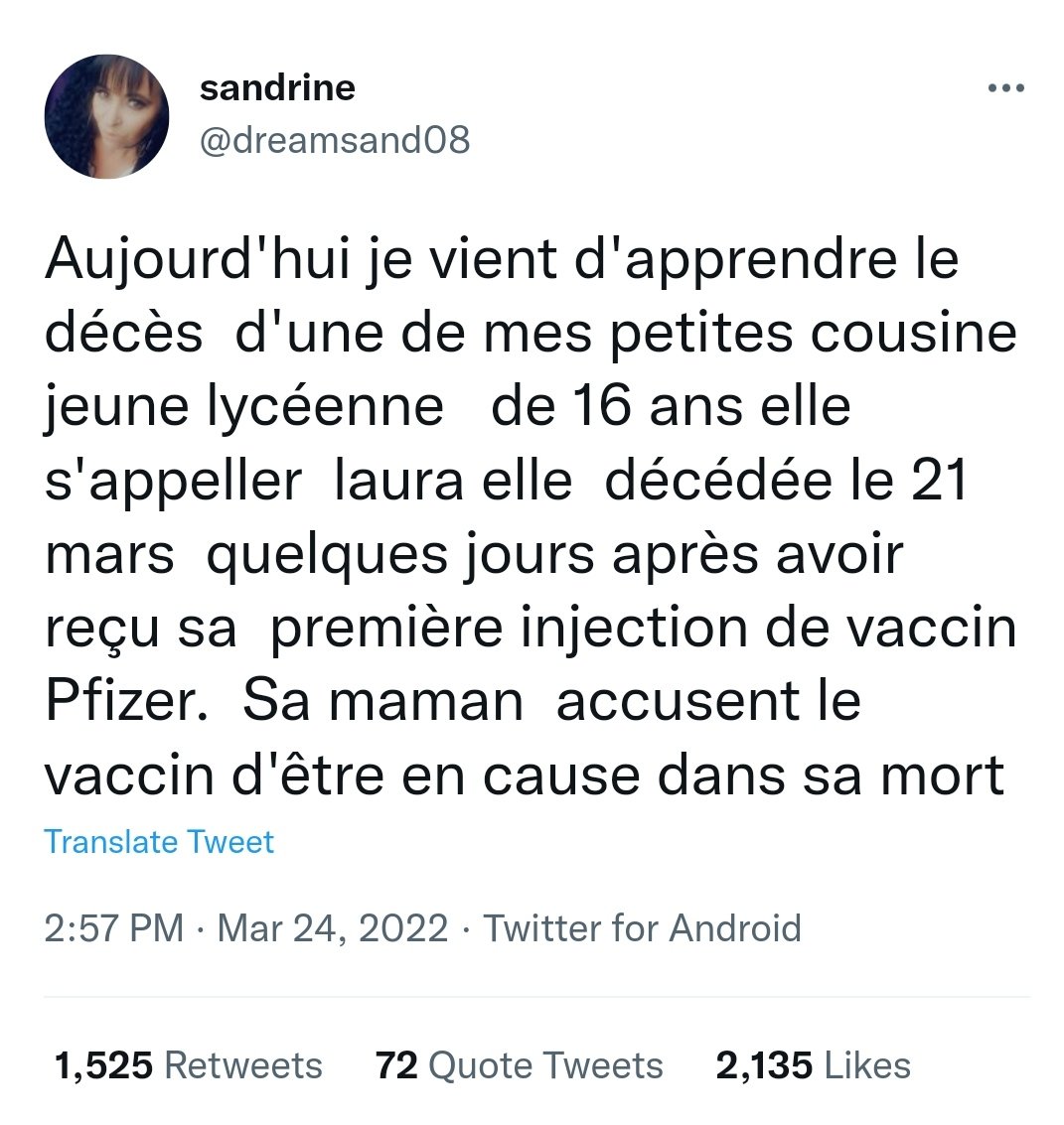 lapurge40399575's tweet photo. Hécatombe chez les non-vaccinés...
Si cette Sandrine faisait partie de ma famille, je m'inquiéterais réellement pour ma vie. À mon avis, c'est une serial killeuse 😅 https://t.co/ByVi9h2rmU