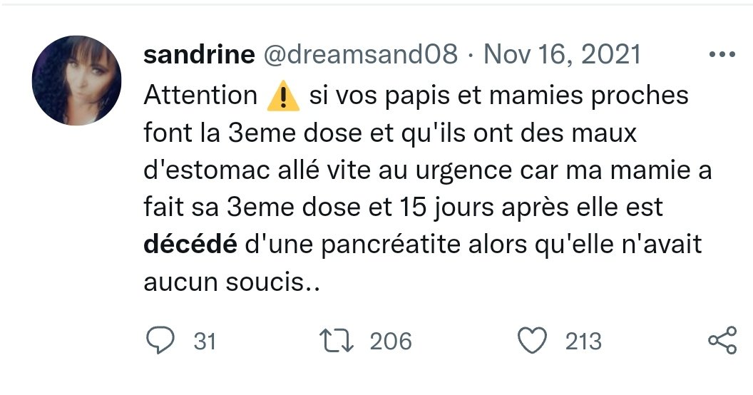 lapurge40399575's tweet photo. Hécatombe chez les non-vaccinés...
Si cette Sandrine faisait partie de ma famille, je m'inquiéterais réellement pour ma vie. À mon avis, c'est une serial killeuse 😅 https://t.co/ByVi9h2rmU