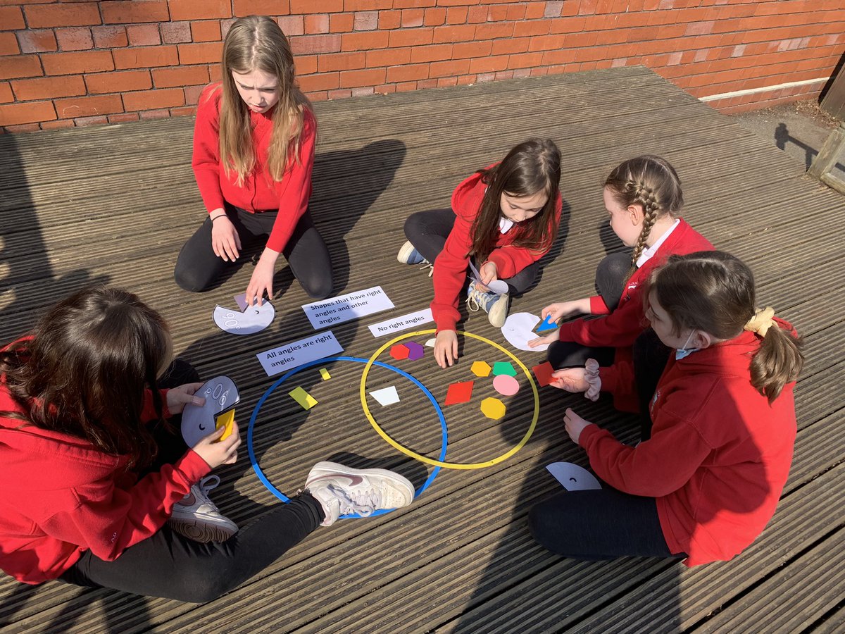 treuchafprimary's tweet photo. Enjoying the sunshine whilst learning all about which shapes have right angles! Da iawn Year 4! Who has sorted them correctly? Who worked best as a team? #mathsnumeracy https://t.co/MURCbTkrL3