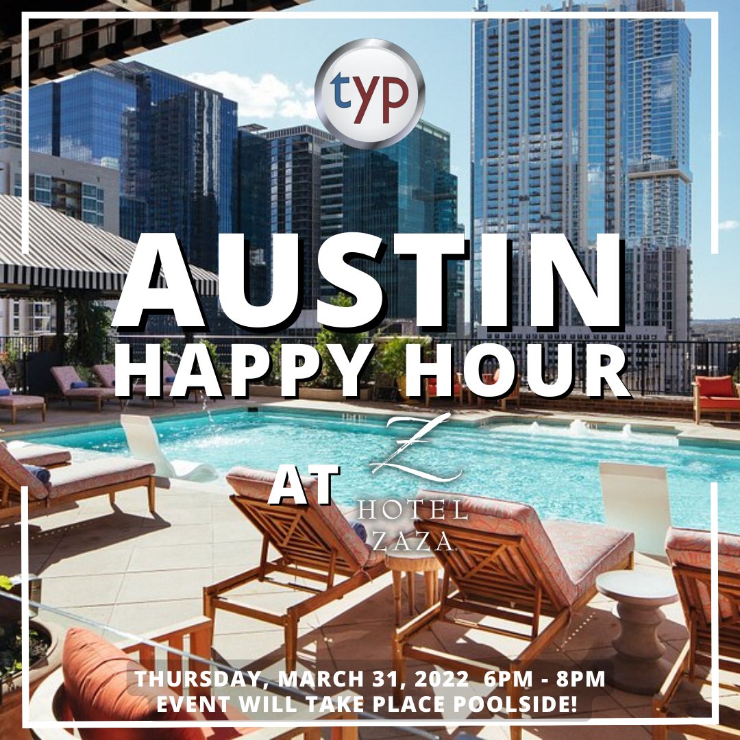 texasyoungpros's tweet photo. Austin TYP! Come out and #myngly poolside @hotelzazaaustin!
ZaZa is offering complimentary passed bites, happy hour bar pricing and a welcome drink!
https://t.co/BB2GgURJwx
#happyhours #austinevent #networking https://t.co/zQH2zUMV9n