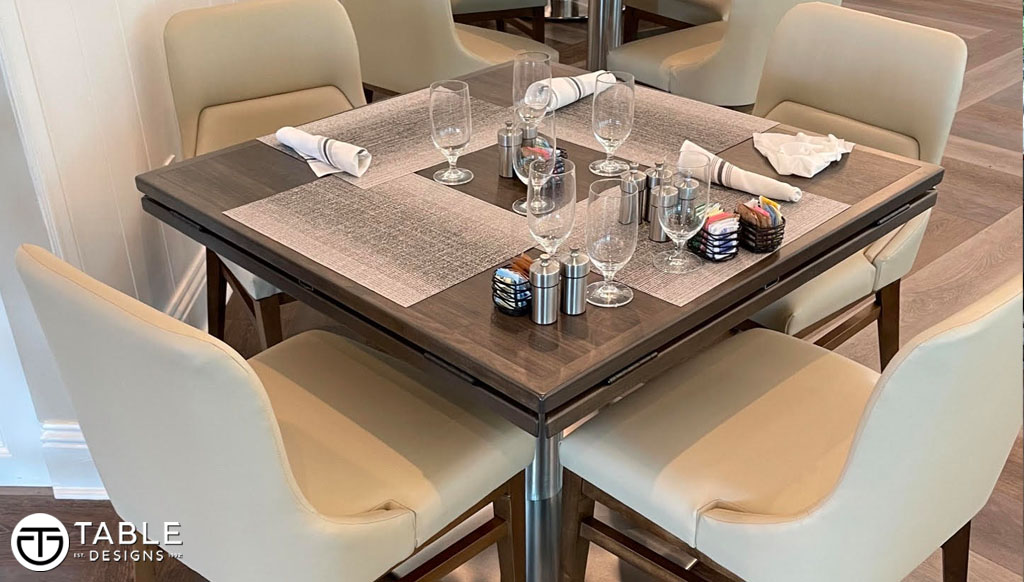 TableDesigns's tweet photo. We created several styles of table for the University Park Country Club project. Among them were a drop leaf table top, a large party table with a triple column base and also bar height tables, featured here in the foyer of the club. #CustomTableTops #CountryClub #TableDesigns https://t.co/mTuwshCs1H