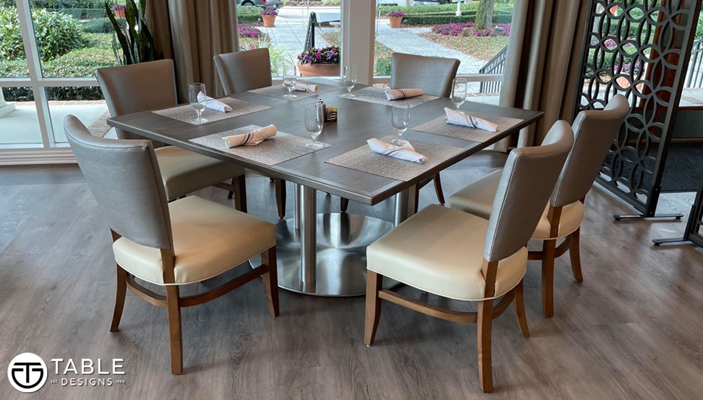 TableDesigns's tweet photo. We created several styles of table for the University Park Country Club project. Among them were a drop leaf table top, a large party table with a triple column base and also bar height tables, featured here in the foyer of the club. #CustomTableTops #CountryClub #TableDesigns https://t.co/mTuwshCs1H