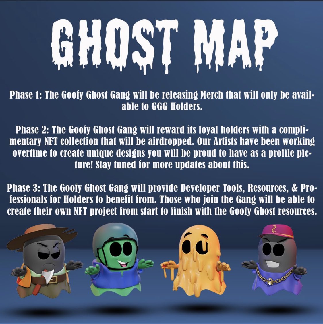 goofyghostgang's tweet photo. 🧭ROAD MAP!🧭

🎁GIVEAWAY!🎁 

10 GHOSTLIST SPOTS👻

TO ENTER: 

✅FOLLOW AND RT 
✅FOLLOW @goofyghostgang 
✅ TAG 3 FRIENDS 

#NFT #NFTGiveaways #NFTCommunity https://t.co/OijBRxx2HP