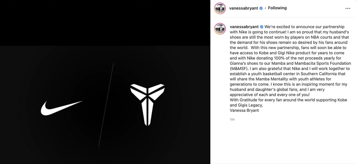 Vanessa Bryant announces her partnership with Nike, with Kobe and Gigi products available for years to come. 
100% of net proceeds yearly donated to the Mamba and Mambacita Sports Foundation. 👏