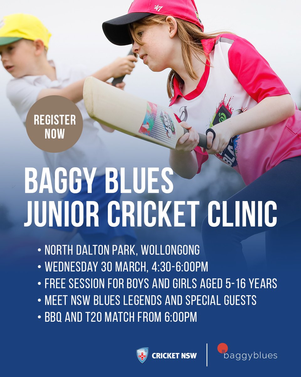 The Baggy Blues will conduct a free Junior Clinic on Wednesday March 30 from 4.30pm-6.00pm at North Dalton Park
Click on below link to register 
trybooking.com/events/landing…
#cricketillawarra