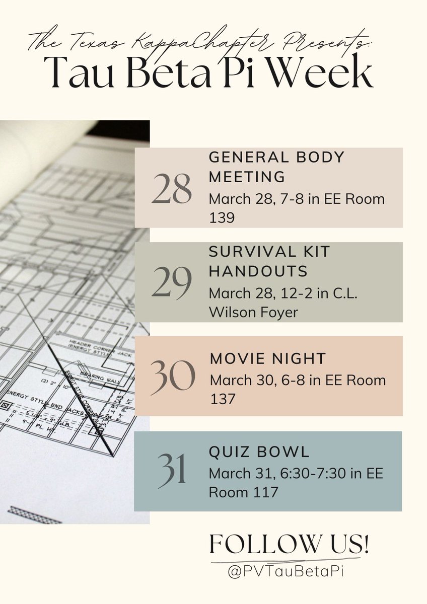 PVTauBetaPi's tweet image. The moment you’ve all been waiting for! The Texas Kappa Chapter of Tau Beta will be hosting Tau Beta Pi Week from March 28-31! We have a week full of wonderful events you won’t want to miss! ✨🥳