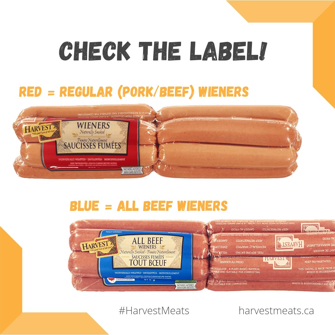 HarvestMeats's tweet photo. Two fan favourites! Our traditional pork &amp; beef Regular wieners have red labels and our All-Beef wieners have blue labels. Gluten free, no MSG added, naturally smoked &amp; fully cooked! Check our website for more details.🌭 #HarvestMeats #harvestmeatscanada #wieners #madeinsask https://t.co/juw8xMPo5x