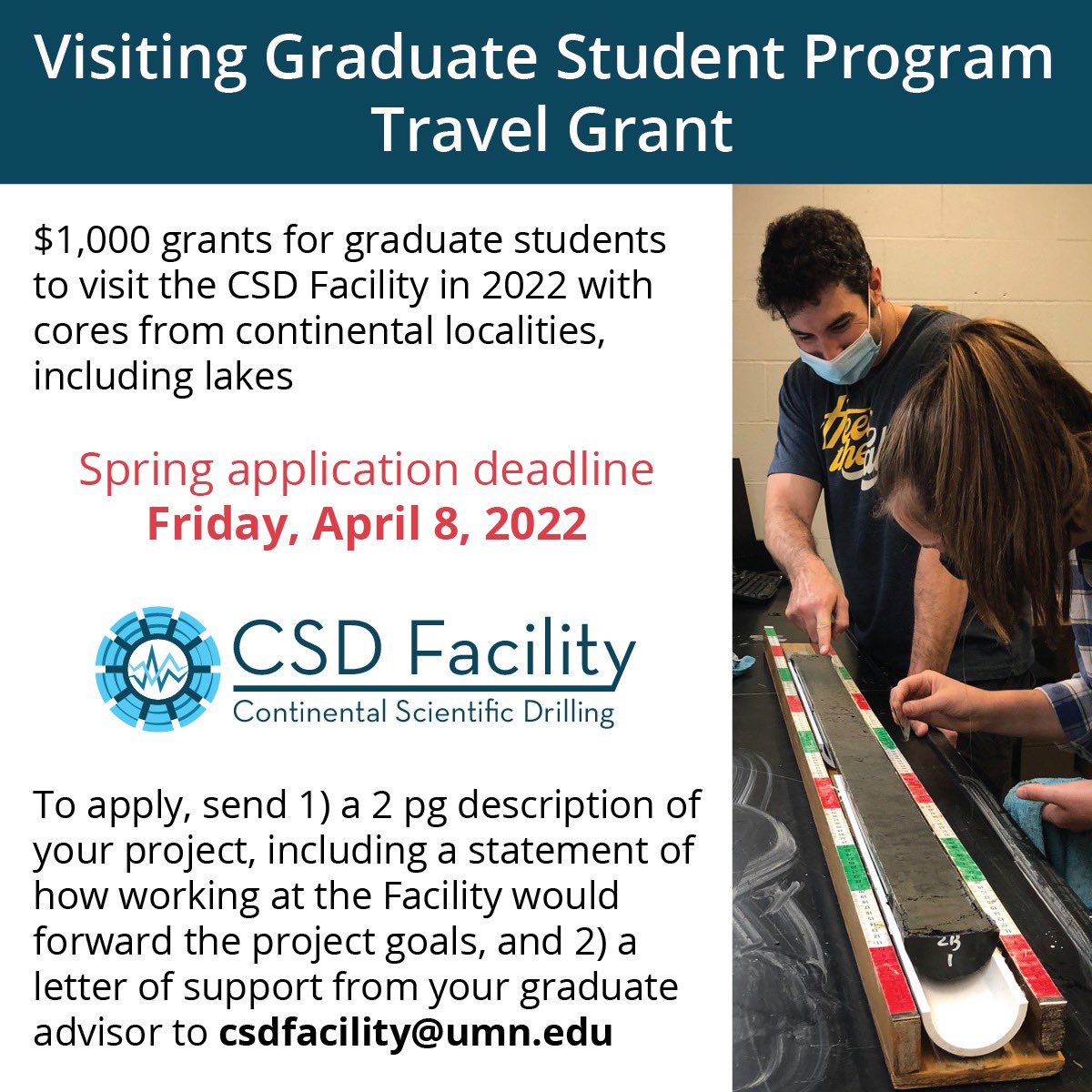 We have funding for you! Don’t forget to apply for a $1k travel grant to visit the CSD Facility with your cores. Applications are due in two weeks! cse.umn.edu/csd/visiting-g… #NSFFunded #geology