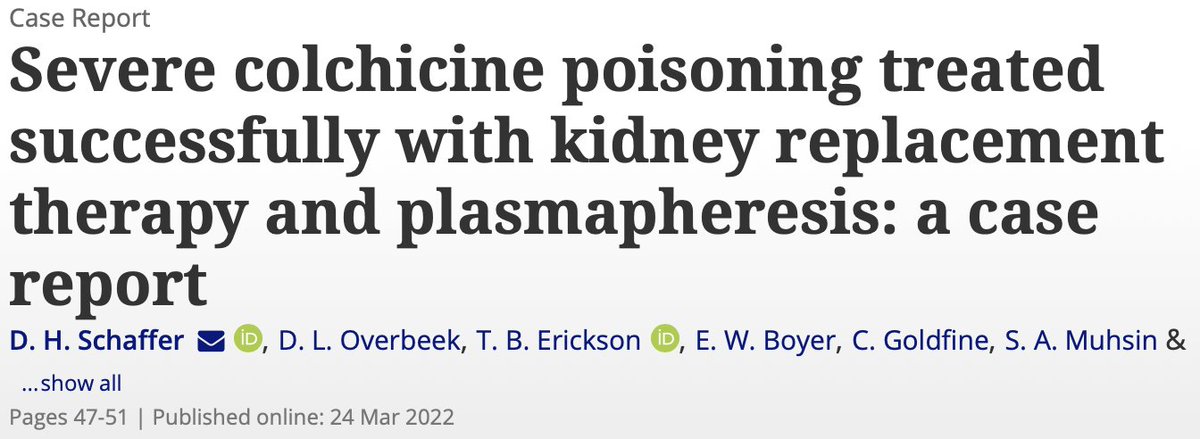 From <a href="/EMRES_MGHBWH/">HAEMR</a> Dr. Schaffer, a case report of survival after massive colchicine poisoning, expertly managed by our ED, and our colleagues at <a href="/BWHKidney/">The Brigham Nephrology @harvardmed</a>: tandfonline.com/doi/full/10.10…
