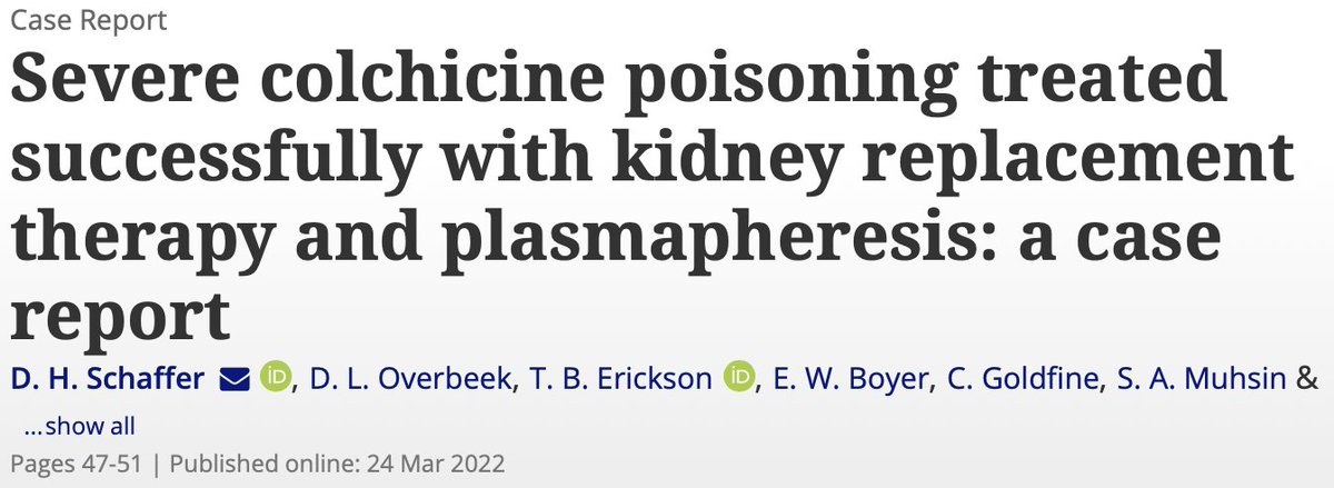 From @EMRES_MGHBWH Dr. Schaffer, a case report of survival after massive colchicine poisoning, expertly managed by our ED, and our colleagues at @BWHKidney: tandfonline.com/doi/full/10.10…