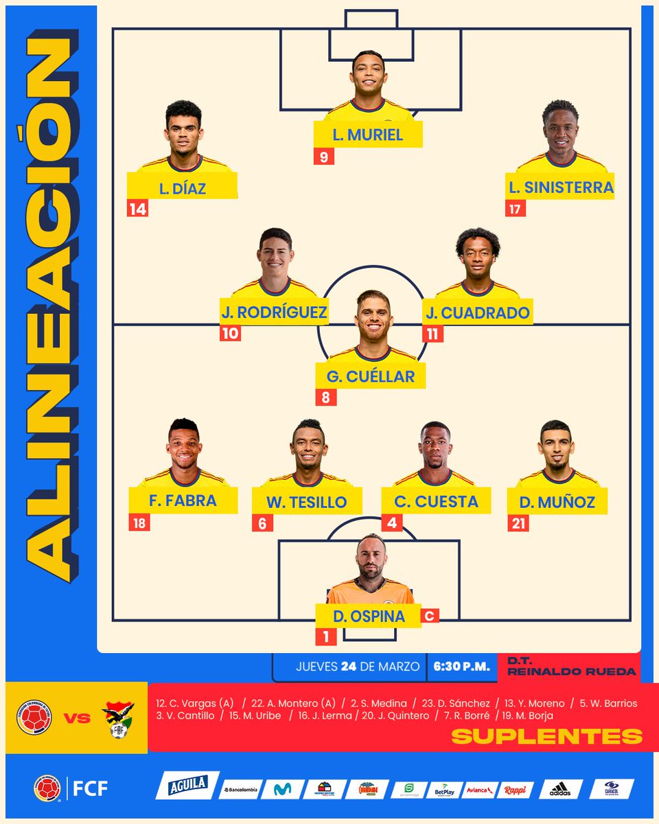 FCFSeleccionCol's tweet photo. 🚨 ¡ONCE INICIAL!

Esta es nuestra titular para enfrentar a 🇧🇴

#VamosColombia 🇨🇴 https://t.co/IN2x4j90fb