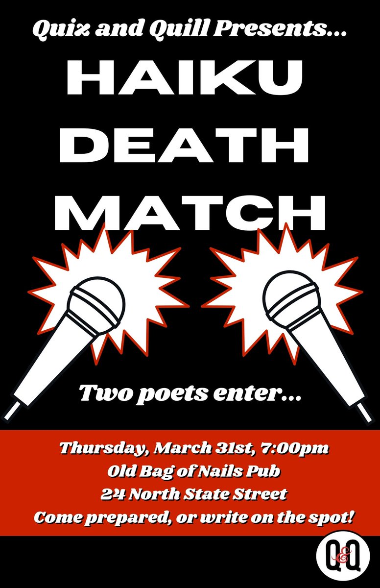 quizquill's tweet photo. A week from today! Join Quiz &amp; Quill for our annual Haiku Death Match @ Old Bag of Nails to go toe to toe with other poets! Write some haiku's in preparation, or come up with them on the spot! https://t.co/Bdrsk72PYP