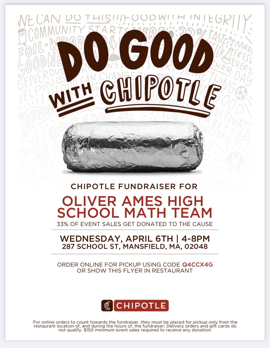 GlatthornMath's tweet photo. Save the date!! Please consider dining in or ordering take-out from the Mansfield Crossing Chipotle on April 6th from 4-8pm to support the Oliver Ames Math Team! ๐ฎ๐ฏ Thank you for your support! #WeDigEPS #WeDigOA #WeDigMathTeam #WeDigChipotle https://t.co/jCSwtlt641