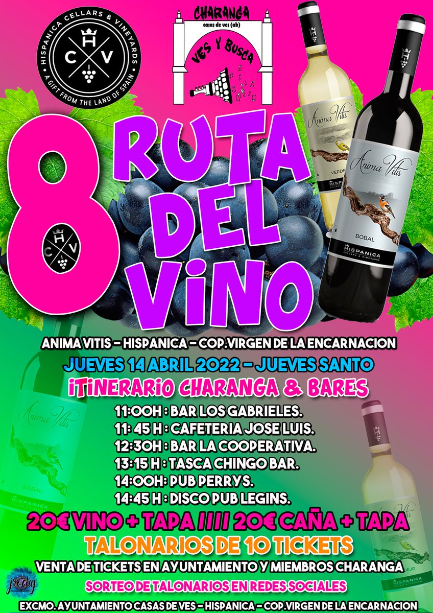 💣BOMBAZO💣
⚠️ SORTEO (4 talonarios de tikets)

🍷RT y Me Gusta para participar 

🍇 Llega la VIII Ruta del Vino Fiestas de la Encarnación 2022 en Casas de Ves

🔆 Jueves 14 de Abril (Jueves Santo).

📍 PATROCINA: Anima Vitis - <a href="/HispanicaWines/">Hispanica Wines</a> - Coop. Virgen de la Encarnación