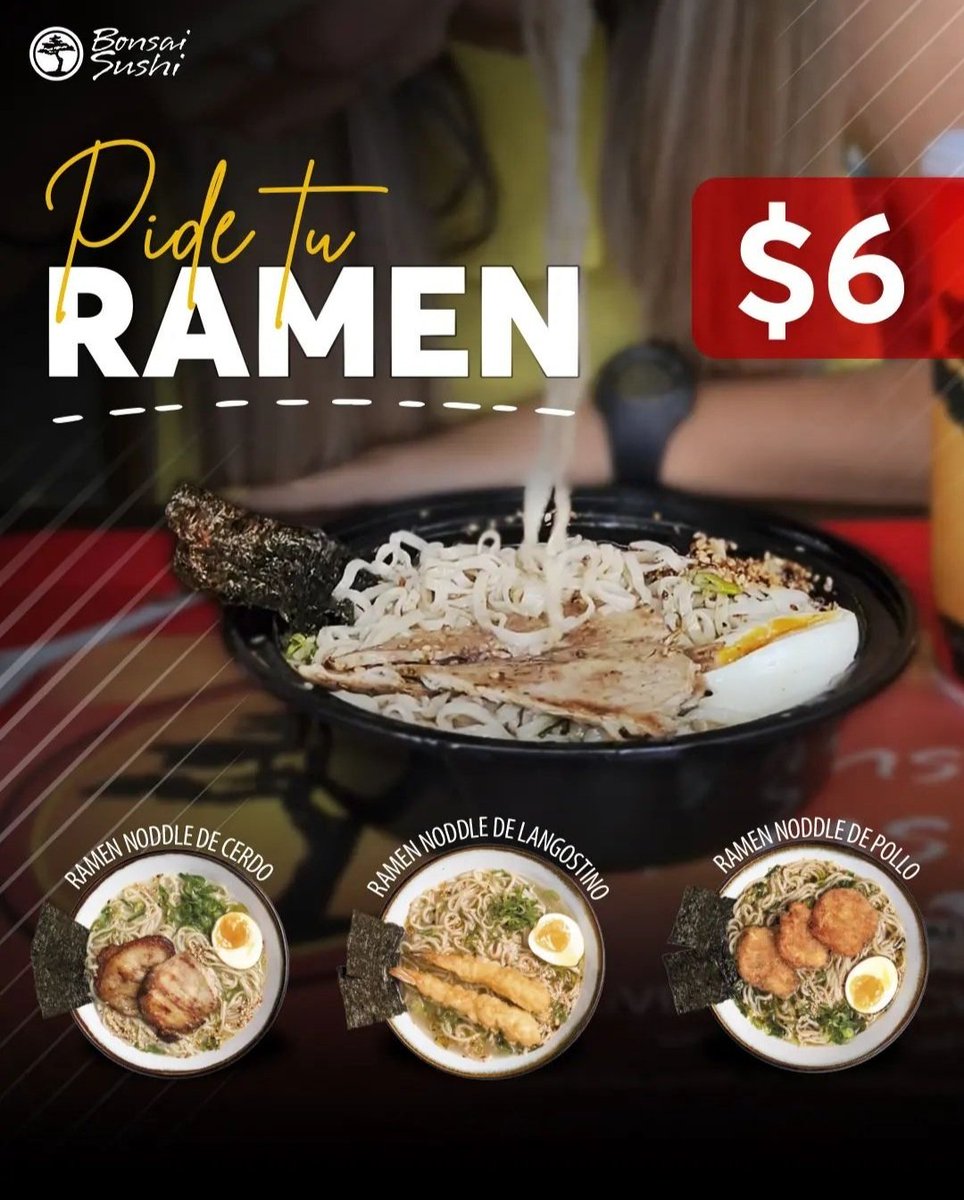 BonsaiSushiVzla's tweet photo. Corre que están en promo. Por tan solo $6. 
🍲Ramen de cerdo 
🍲Ramen de pollo  
🍲Ramen de Langostino
Bonsai Sushi, tan cerca de ti
#BonsaiSushi #BonsaiLovers #SushiTime #Promo #Ramen https://t.co/lfTczZqdp3