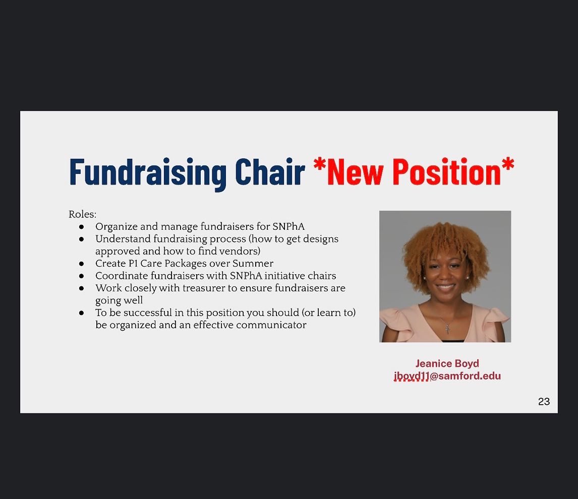 Samford_SNPhA's tweet photo. Meet our Treasurer, Jeanice! Swipe left to see her roles and why she chose her position. We have a NEW Fundraising Chair Position. If you’re interested in being the Treausurer or Fundraising Chair of SNPhA, the link is our bio to apply! Applications close on Monday March 28th! https://t.co/ngaewBoac7