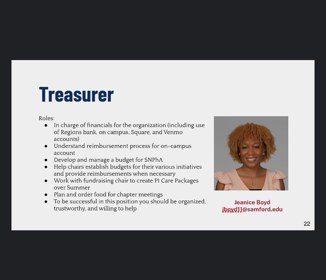 Samford_SNPhA's tweet photo. Meet our Treasurer, Jeanice! Swipe left to see her roles and why she chose her position. We have a NEW Fundraising Chair Position. If you’re interested in being the Treausurer or Fundraising Chair of SNPhA, the link is our bio to apply! Applications close on Monday March 28th! https://t.co/ngaewBoac7