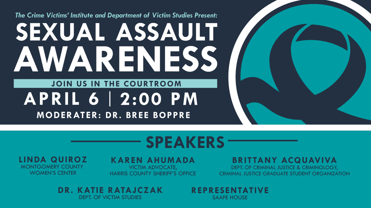 SHSU Department of Victim Studies (@shsu_vs) on Twitter photo Join us for #SexualAssaultAwarenessMonth events by <a href="/SHSU_VS/">SHSU Department of Victim Studies</a> and <a href="/CVI_SHSU/">Crime Victims' Inst.</a> in the <a href="/SHSUCJ/">SHSU Criminal Justice</a> Building!
April 6- Sexual Assault Awareness Panel in the Courtroom at 2:00pm!
April 11- Painting with a Purpose in the Bates Room from 10:00am to 1:00pm! Join us for #SexualAssaultAwarenessMonth events by <a href="/SHSU_VS/">SHSU Department of Victim Studies</a> and <a href="/CVI_SHSU/">Crime Victims' Inst.</a> in the <a href="/SHSUCJ/">SHSU Criminal Justice</a> Building!
April 6- Sexual Assault Awareness Panel in the Courtroom at 2:00pm!
April 11- Painting with a Purpose in the Bates Room from 10:00am to 1:00pm!