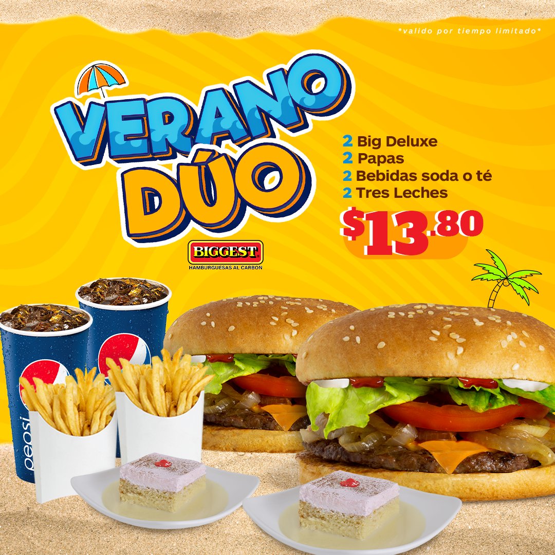 biggestsv's tweet photo. ¡Disfruta el Verano Dúo en Biggest! Delicioso banquete con 2 Big Deluxe, papas fritas, bebidas y postre tres leches para compartir.

🍔 No te quedes sin probarlo, por solo $13.80
.
.
#ElSalvador #SanSalvador #SantaTecla https://t.co/fBIDHKAYJZ