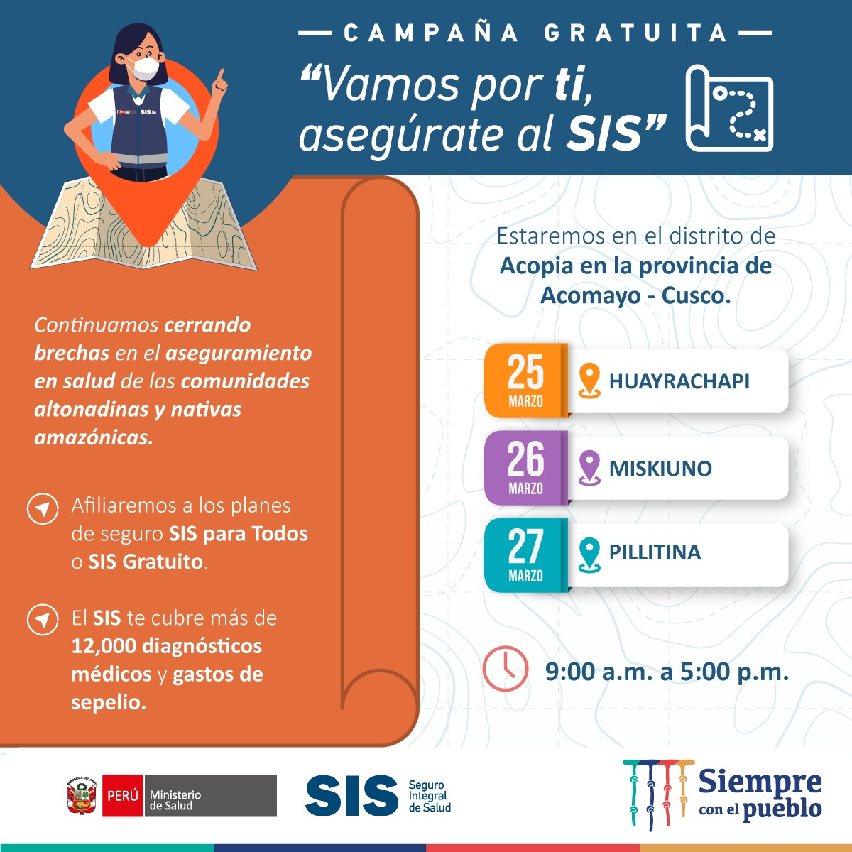 SISPeruOficial's tweet photo. #SISteInforma: Del 25 al 27 de marzo, el SIS llegará a Acopia, en Acomayo-Cusco, como parte de la campa��a gratuita “Vamos por ti, asegúrate al SIS” que afiliará a todos los pobladores de Huayrachapi, Mikiuno y Pillitina. https://t.co/DLnxglp14O