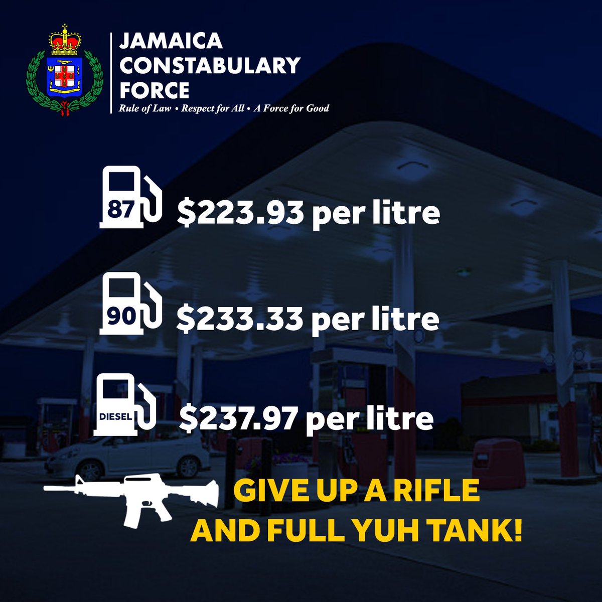 JamaicaConstab's tweet photo. Gas price gone up and you get anxiety on your way to the gas station? Then you remember the rifle buried in your neighbor’s backyard that could be worth up to $500,000. 

Give up the rifle and full yuh tank

Nobody nuh haffi know it’s you. Call Crime Stop at 311. 

#GetTheGuns https://t.co/JWbVhmoDyV