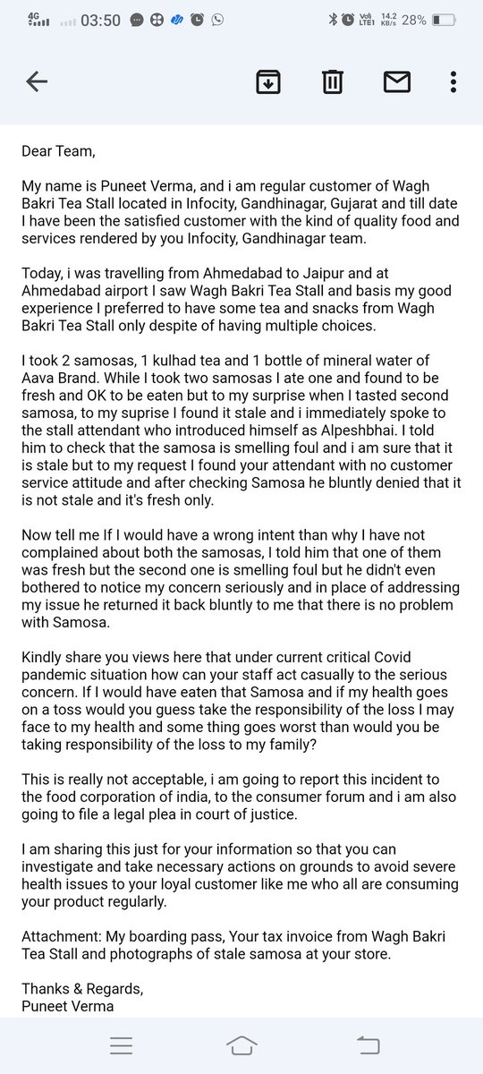 PunitVarma's tweet photo. @waghbakriteagrp @waghbakri @fssaiindia @PMOIndia @gujratsamachar @sandeshnews @Divya_Bhaskar @timesofindia #pathetic #poorcustomerservice #Critical #waghbakri #stalefood@waghbakri
A highly dissatisfied experience @waghbakriteastall with stale food and irresponsible behaviour. https://t.co/6UY7yHUioT