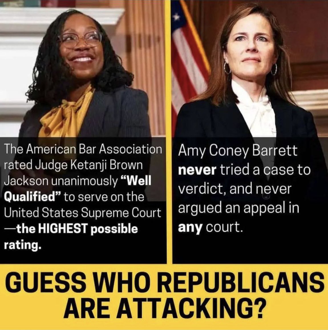 ProudAFAmerican's tweet photo. McConnell said that he will not vote for Judge Jackson, even though she has the highest rating from the American Bar Assoc. 

But he voted for someone who was less qualified. What's the difference between these 2? Oh yeah, the Federalist Society picked 1

#DemVoice1 #BlueVoices https://t.co/yy3z5ltdoc
