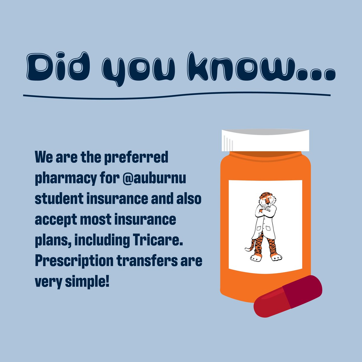 AUStudentRX's tweet photo. Transferring your prescriptions to @austudentrx is a very simple process. Speak with our pharmacy staff for more info and let us take care of the rest. We know your time is valuable. If you visit the @aumedclinic you can pick up your prescriptions at the pharmacy. https://t.co/48JGH4HhSv