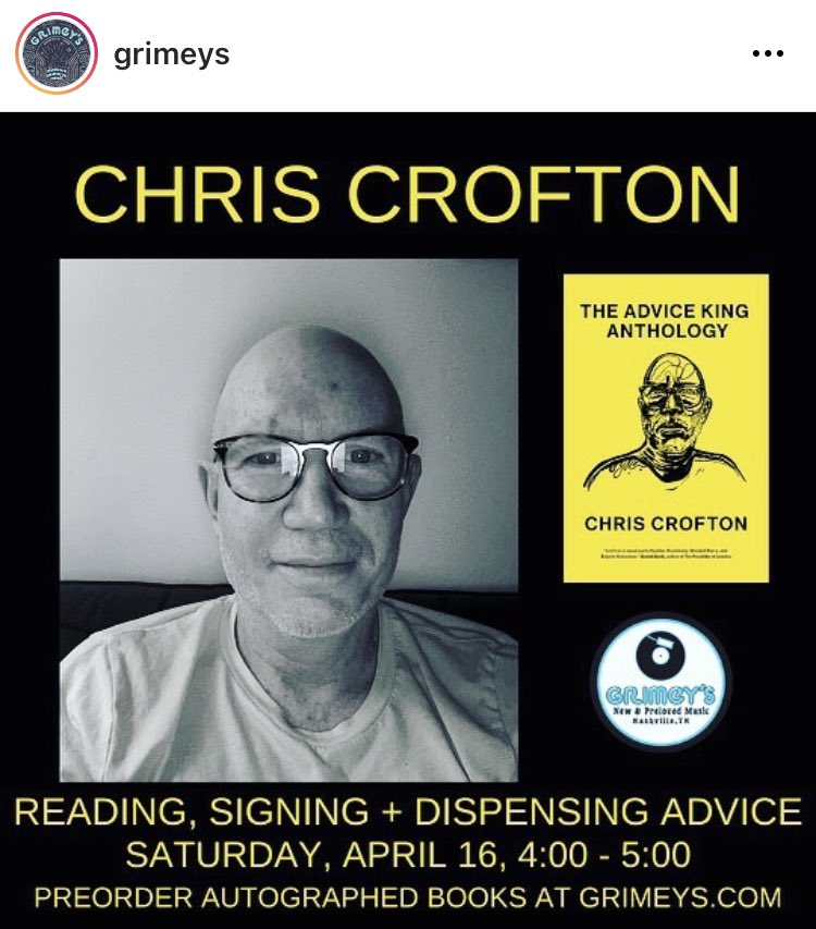 🎉SO HAPPY TO ANNOUNCE!!!!! I can’t imagine a more appropriate place to formally launch “The Advice King Anthology” than <a href="/Grimeys/">Grimey's Nashville</a>!!!! April 16th at 4pm. See you soon, Nashville!!!!!! ❤️❤️❤️