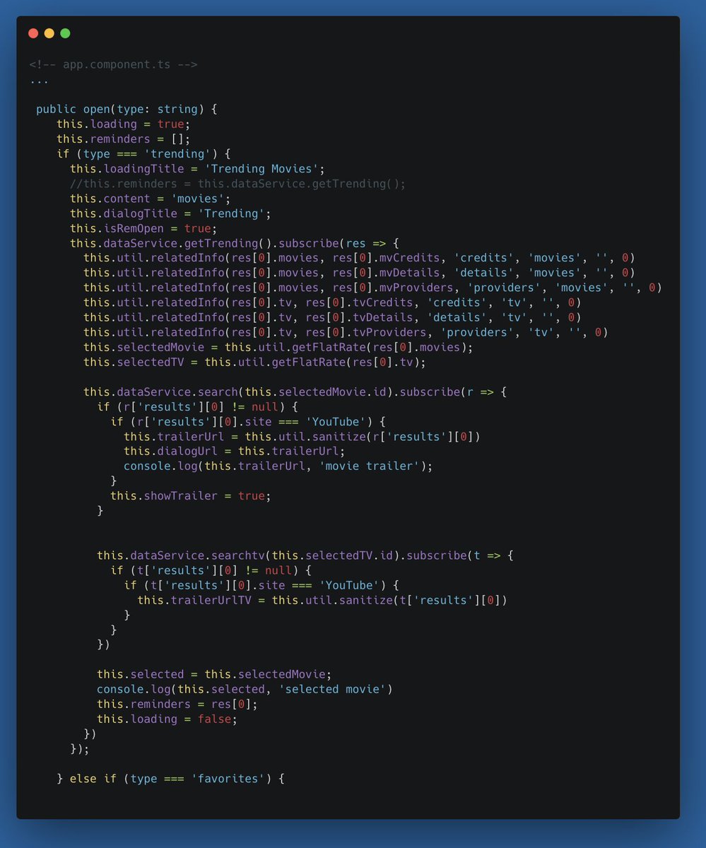 StreamingLists's tweet photo. 3 selections "Trending" "Favorites" and "Reminders" in the navbar use the same component. On click open func with an argument of items to fetch, sync related info with res and then pass the res to the shared app-dialog component. #angular #javascript #typescript #buildinpublic https://t.co/w6lySsAAck
