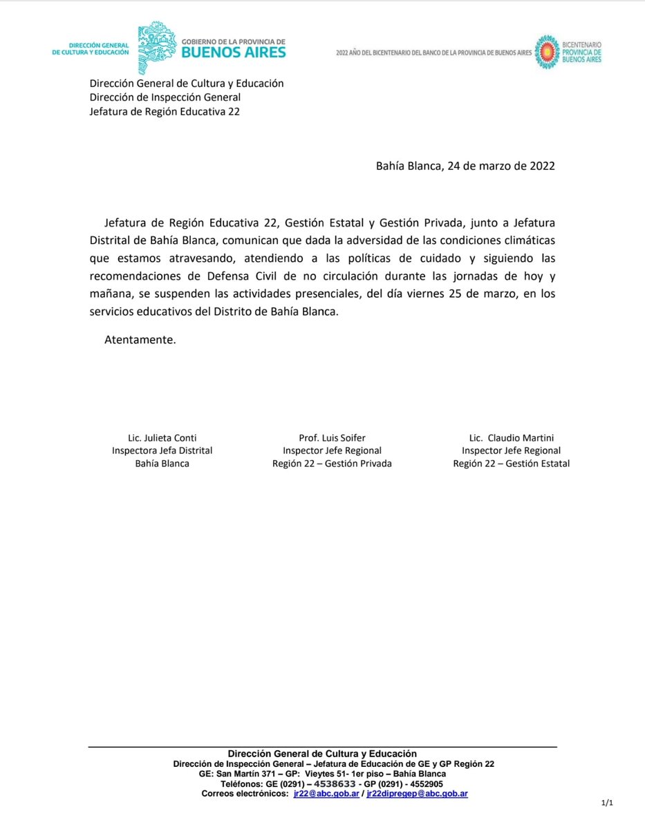 Por las condiciones climáticas y las recomendaciones de <a href="/CivilBb/">Defensa Civil Bahía Blanca</a> se suspenden las clases en #BahiaBlanca para mañana viernes 25. Así lo informó <a href="/ClaudioRMartini/">Claudio Martini</a> titular de #JefaturaDeRegion22