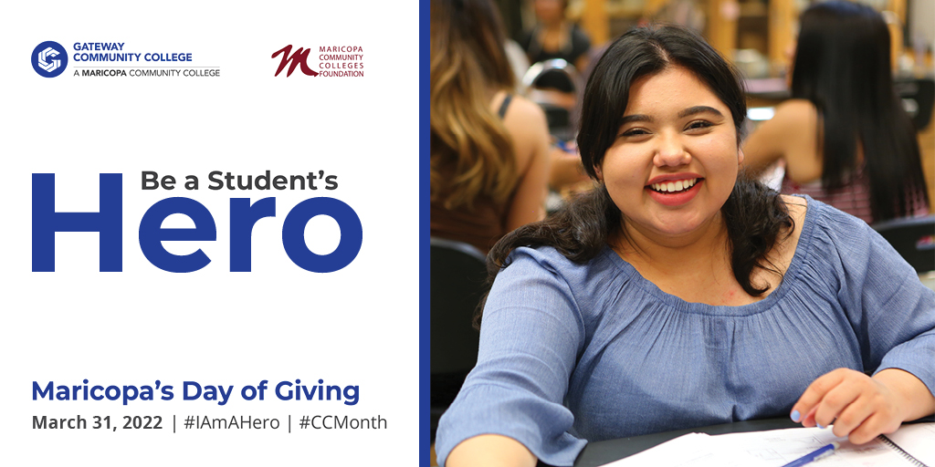 gatewayaz's tweet photo. Save the Date!
Be a Studentβs Hero is next Thursday, March 31, 2022.
On this day of giving, @MCCCDF and @mcccd will team together to share student stories and raise awareness of how financial gifts impact our students.
Let's do this Geckos!
#GateWayCC #IAmAHero https://t.co/bkNZaDDKdG