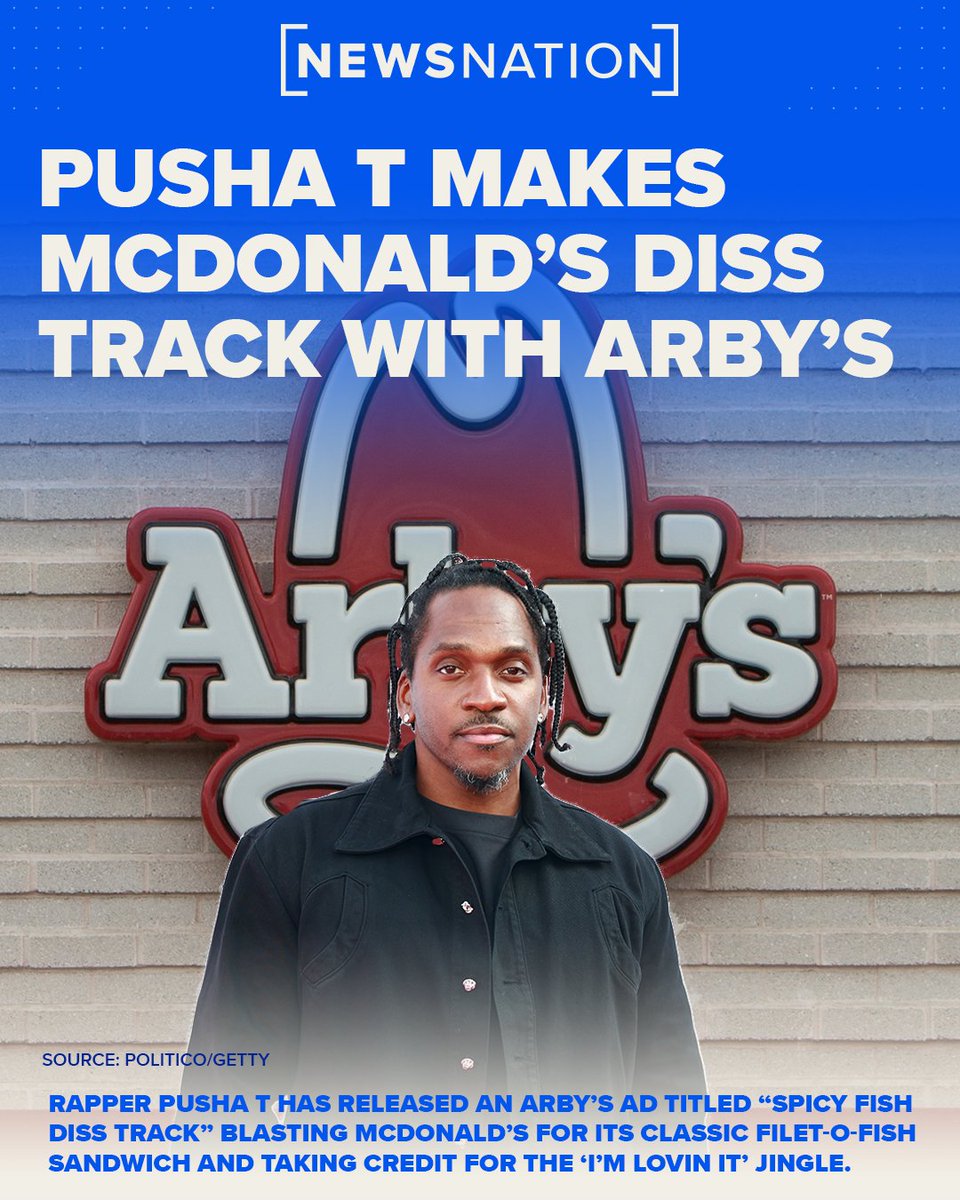 NewsNation's tweet image. Rapper #PushaT has released an #Arby’s ad titled “Spicy Fish Diss Track” blasting #McDonald’s and its classic #Filet-O-Fish sandwich as well as taking credit for writing McDonald’s ubiquitous “I’m Lovin’ It” jingle.

#disstrack #kanye #fastfood #burgerking #bigmac #imlovinit