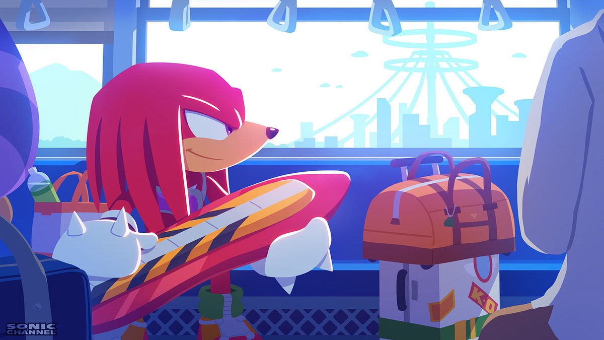 Knuckles sitting on a train holding his Extreme Gear and looking out the window at Metal City from Sonic Riders.