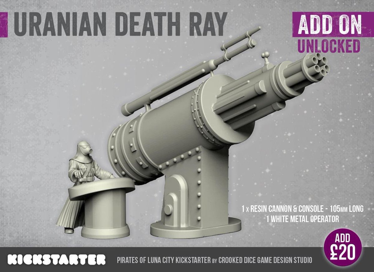 DiceCrooked's tweet photo. DEATH RAY UNLOCKED+++
We have unlocked the Uranian Death Ray in our Pirates of Luna City Kickstarter!
https://t.co/b6dJ47LEiT
#crookeddice #tabletop #lunacity #scifiminiatures #stargrave #kickstarter #pulp #pulpscifi #7tvpulp https://t.co/Ugb2wS3rgo