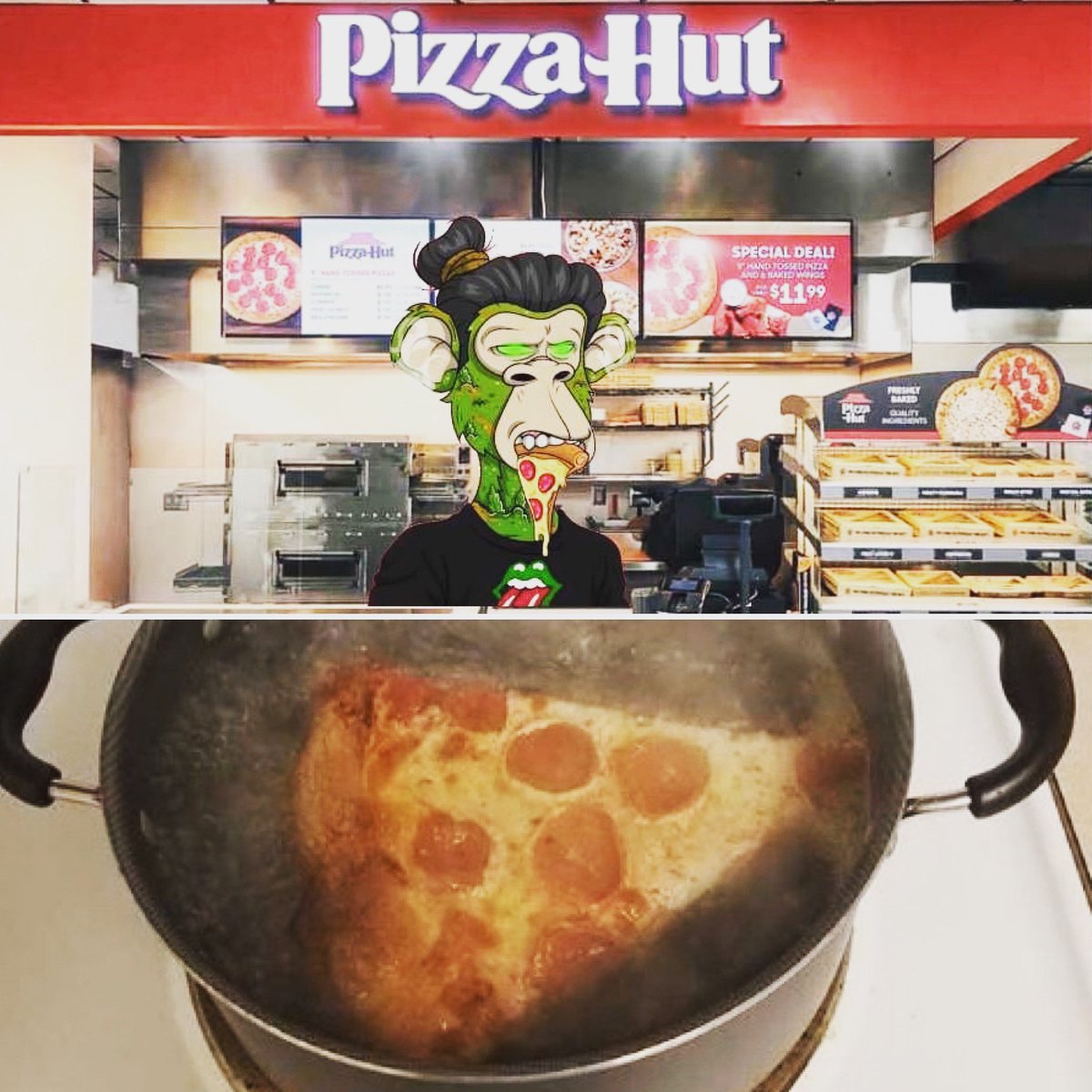 StonedApesNFT's tweet image. What do you crave when ya got the munchies? Pizza from @pizzahut or boiled pizza from @Walmart ???? 🍕
