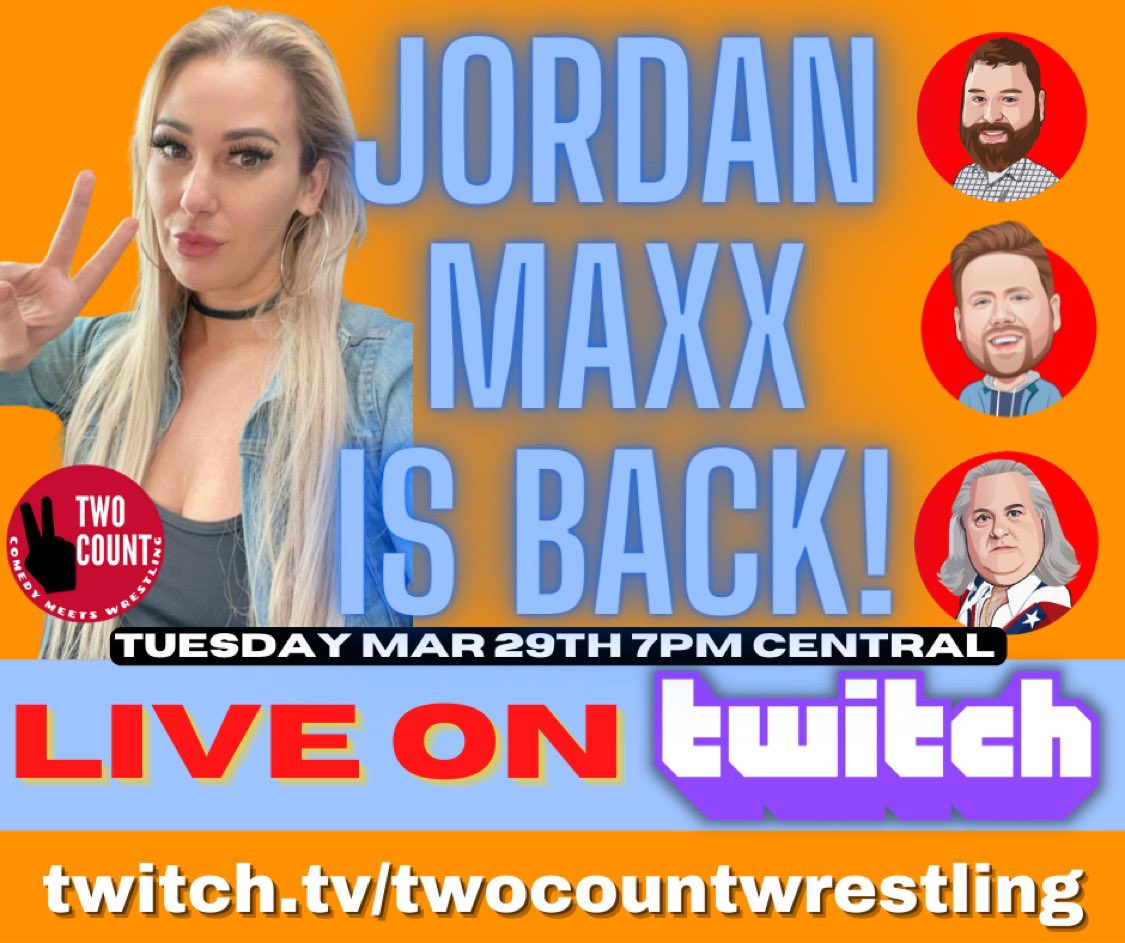 2countshow's tweet image. We welcome back @TheJordanMaxx to the show Tuesday night 7pm CT. Live on #twitch! Click the link and follow! #Wrestlepalooza #wrestling #tuesday #live #AEW #WWE #WrestleMania       twitch.tv/twocountwrestl…