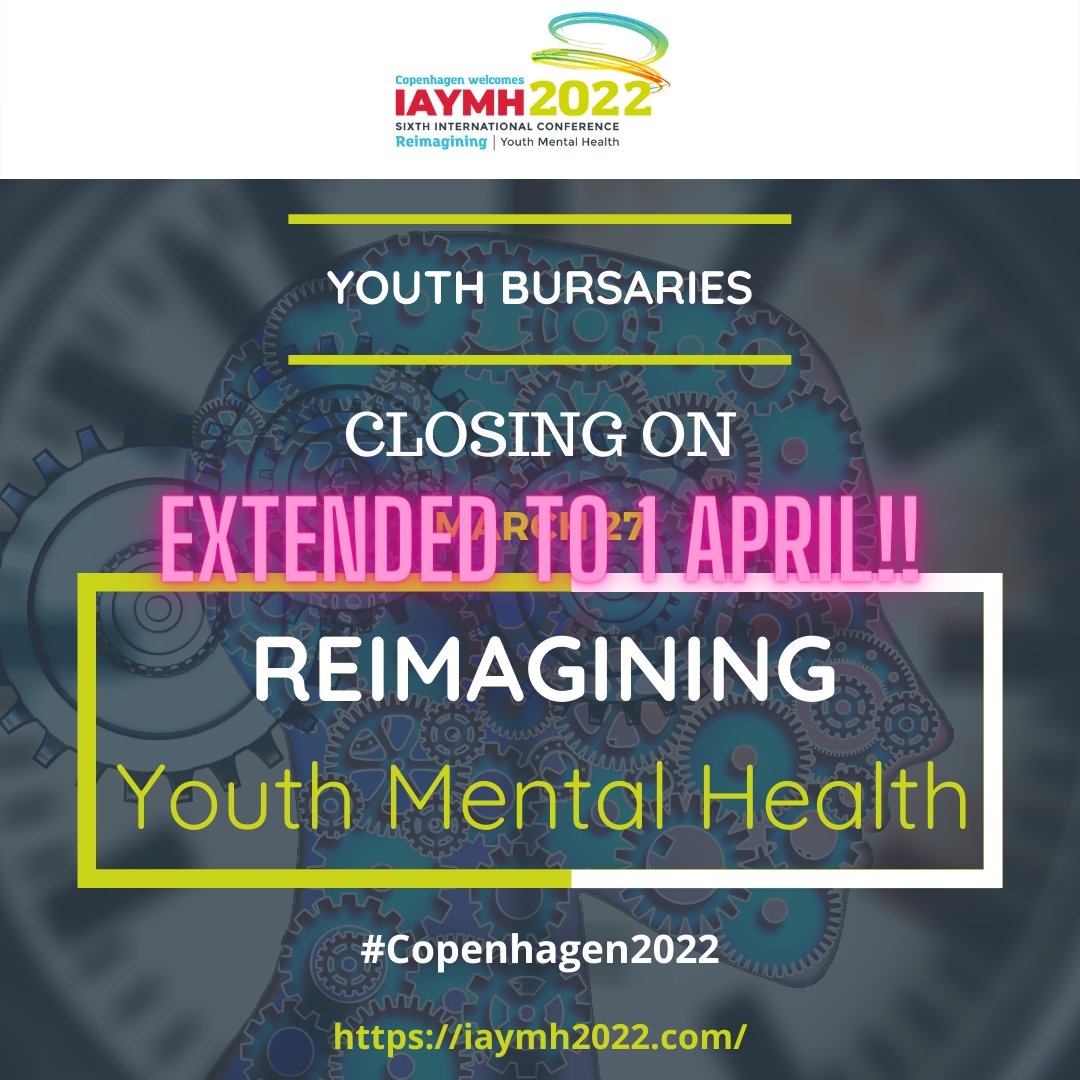 If you are between 18 -25 yrs and want to apply for a youth bursary to attend IAYMH2022, we've extended the closing date to Friday 1 April! 🥳🥳

Pls retweet! 

iaymh2022.com/iaymh2022-yout…

#youthmentalhealth #youthbursary #iaymh2022 #copenhagen