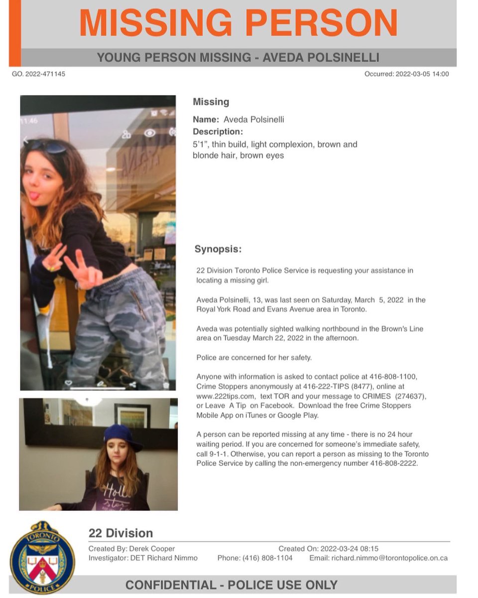 TPS22Div's tweet photo. Hello everyone,

Please help us find Aveda.
Attached is updated info &amp; picture.

If you have any information please call.

Here is the original press release:
https://t.co/MLxBKcdarx

#Etobicoke
#MissingGirl https://t.co/YG9ezR2zVg