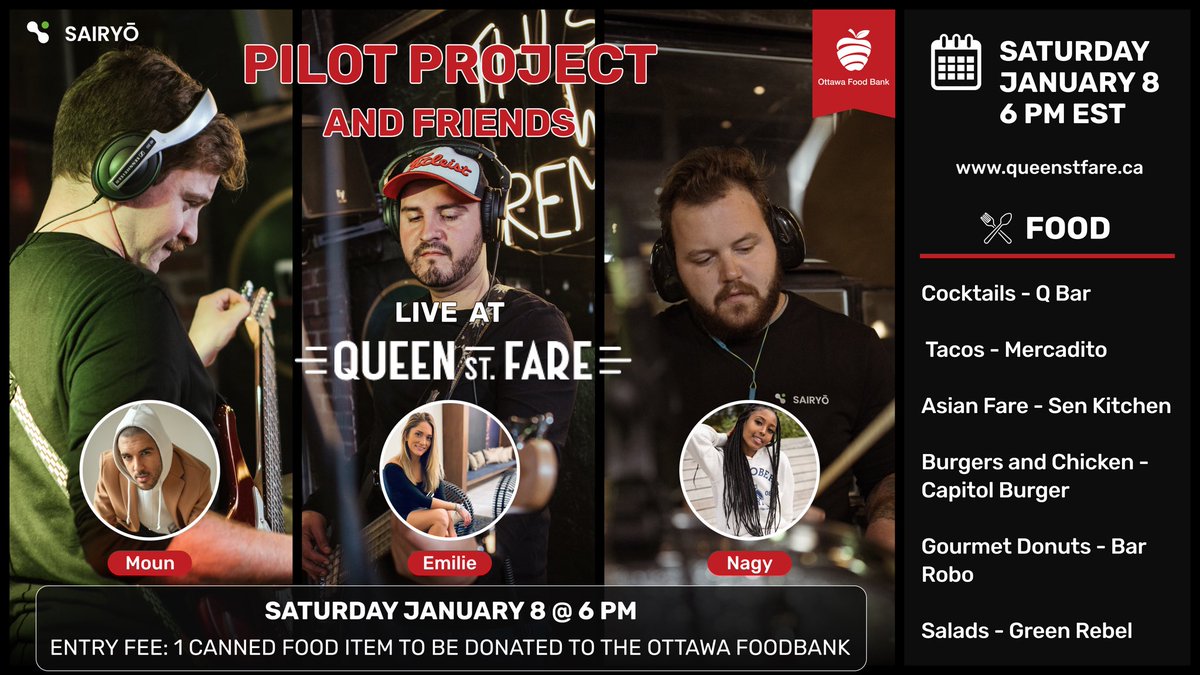 Saturday April 30th 6pm <a href="/Bar_Robo/">Bar Robo</a> <a href="/QueenStFare/">Queen St. Fare</a> with Pilot Project for @OttawaFoodBank 🤘🏼Tickets are free but please bring a non perishable item and/or donation