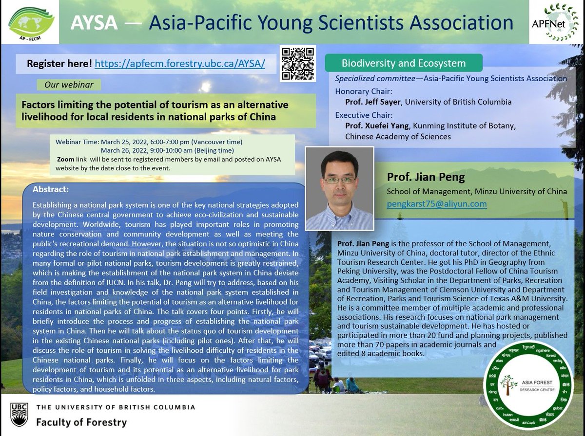 afrc_ubc's tweet image. Webinar about the national parks in China on March  25, 6pm (Vancouver time) Zoom:ubc.zoom.us/j/64120827074?…
Meeting ID: 641 2082 7074
Passcode: 935374