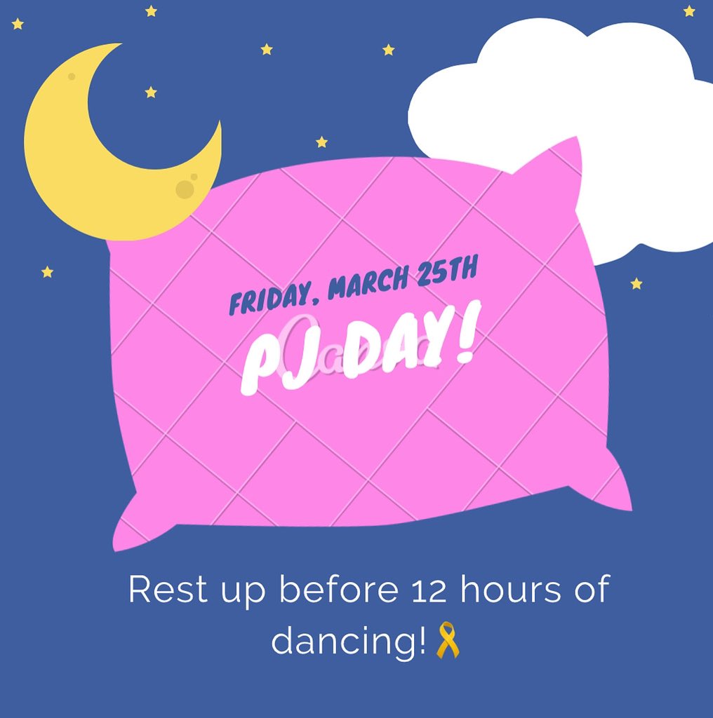 Last spirit day of the week! Friday, March 25th is PJ day! Rest up before 12 hours of dancing! Wear your best pjs to celebrate the final day before Mini-THON! Still one more day to secure your VIP room spot all you need is $250 on donor drive!! 🎗
#FTK #strongertogether