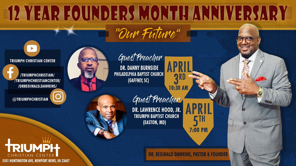 triumphccenter's tweet image. This April marks our 12 year church anniversary. We've got a great lineup of guest preachers throughout the month... so be sure to tune in! 

#triumphchristian #foundersmonth #churchiversary #preachers #celebratewithus  #GodsGrace #anotheryearinthebooks