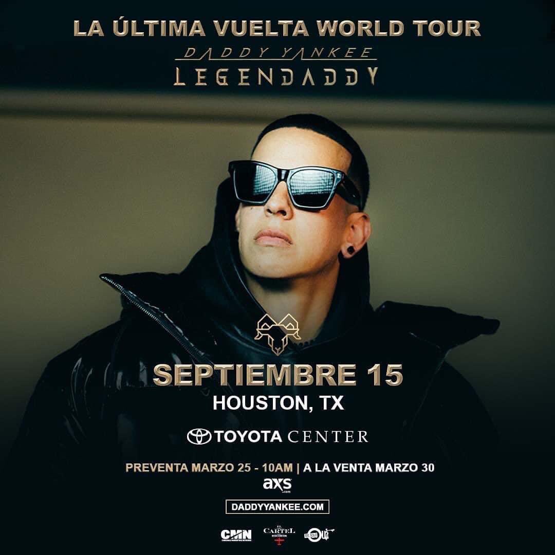 DYMFC_TEXAS's tweet photo. The presale for the #LaUltimaVueltaWorldTour begins tomorrow morning 10:00 am (CDT)
Pre sale code: LEGENDADDY 
for the 3 shows in TEXAS 🇺🇸 
https://t.co/cDTOjJAB5C &amp; 
https://t.co/shZa6MZZoG will be the sites to get the tickets. @daddyyankee https://t.co/N4vSMMJtqu