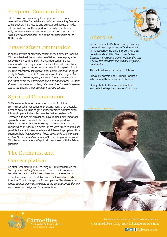 CarmelitesAET's tweet photo. Download and share 'Titus Brandsma - #Carmelite and Martyr - #Eucharist' at https://t.co/pqK1BSegUb

‘The #AdoroTe has become my favourite prayer. Frequently I sing it softly and this helps me to make a spiritual communion’.

#carmelite #titusbrandsma #saint #jesus #christ https://t.co/Gi35bbz14A