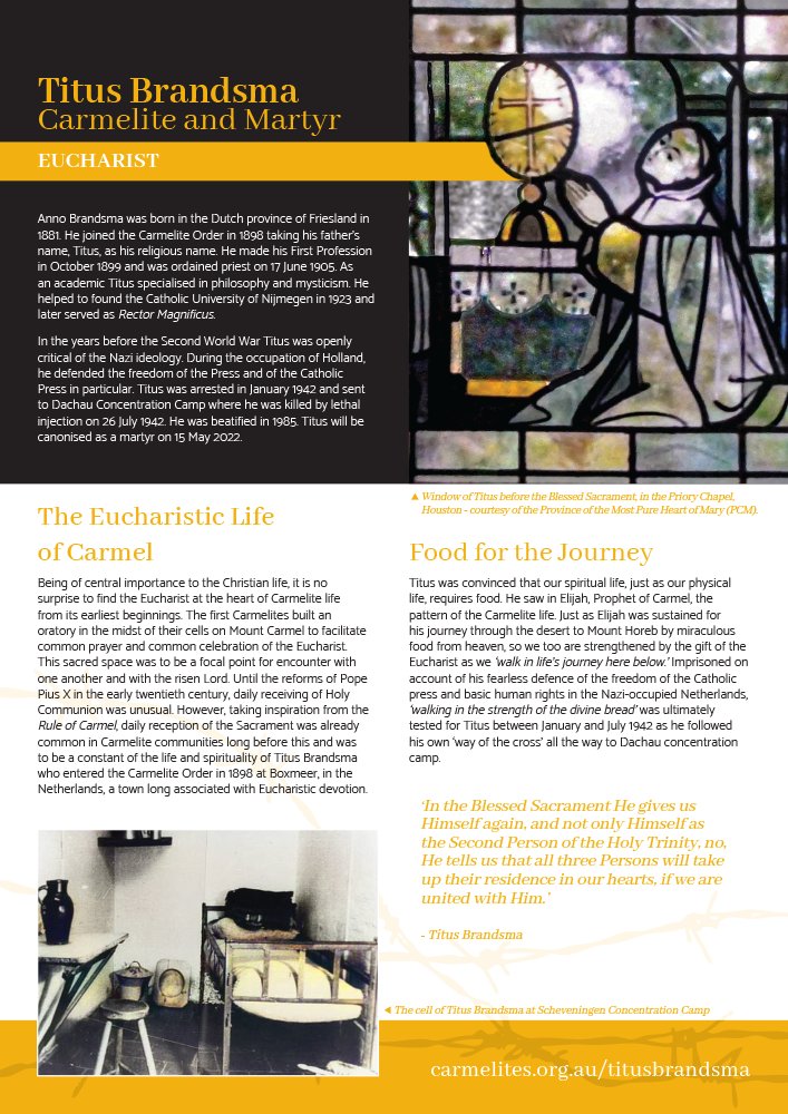 CarmelitesAET's tweet photo. Download and share 'Titus Brandsma - #Carmelite and Martyr - #Eucharist' at https://t.co/pqK1BSegUb

‘The #AdoroTe has become my favourite prayer. Frequently I sing it softly and this helps me to make a spiritual communion’.

#carmelite #titusbrandsma #saint #jesus #christ https://t.co/Gi35bbz14A