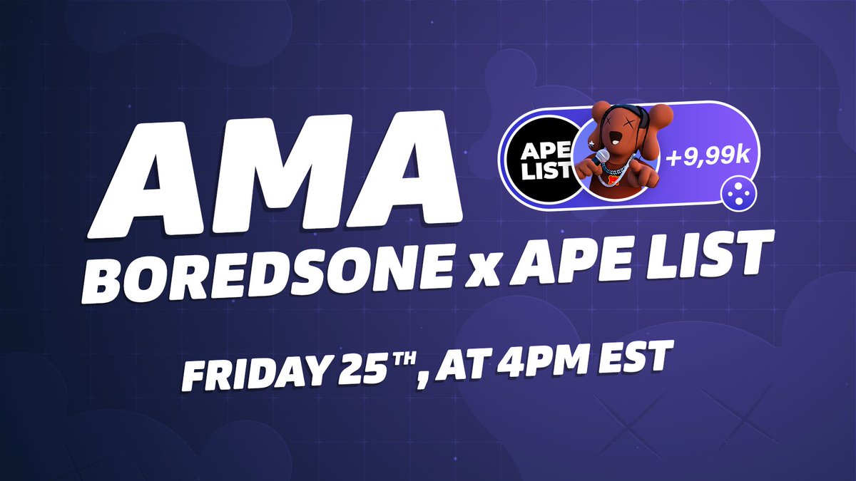 robinwolfhood's tweet photo. 📣 AMA ANNOUNCEMENT 📣

BOREDSONE ✖️ APE LIST

We are thrilled to announce our next #BoredSone AMA together with "APE LIST" on Friday the 25th at 4:00 PM EST. ⏰

👉 Join us on #TwitterSpaces 
We’d love to see you there! 😉

🎙️ BOREDSONE #AMA Panel w/ #APELIST https://t.co/dYTtaxej4A