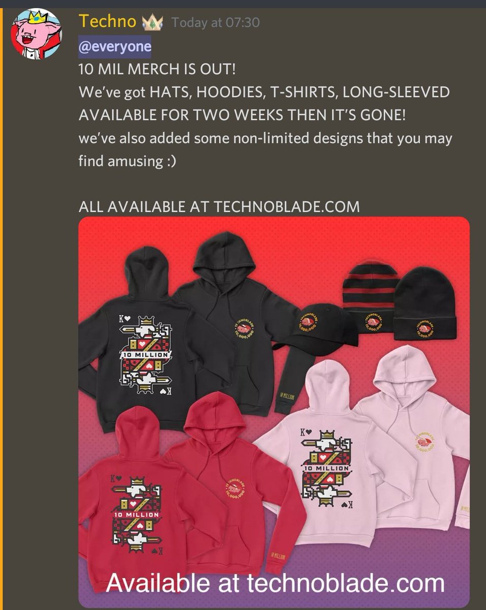 technoupdatess's tweet image. Techno in his discord server!!!!

10 MIL MERCH IS OUT - technoblade.com