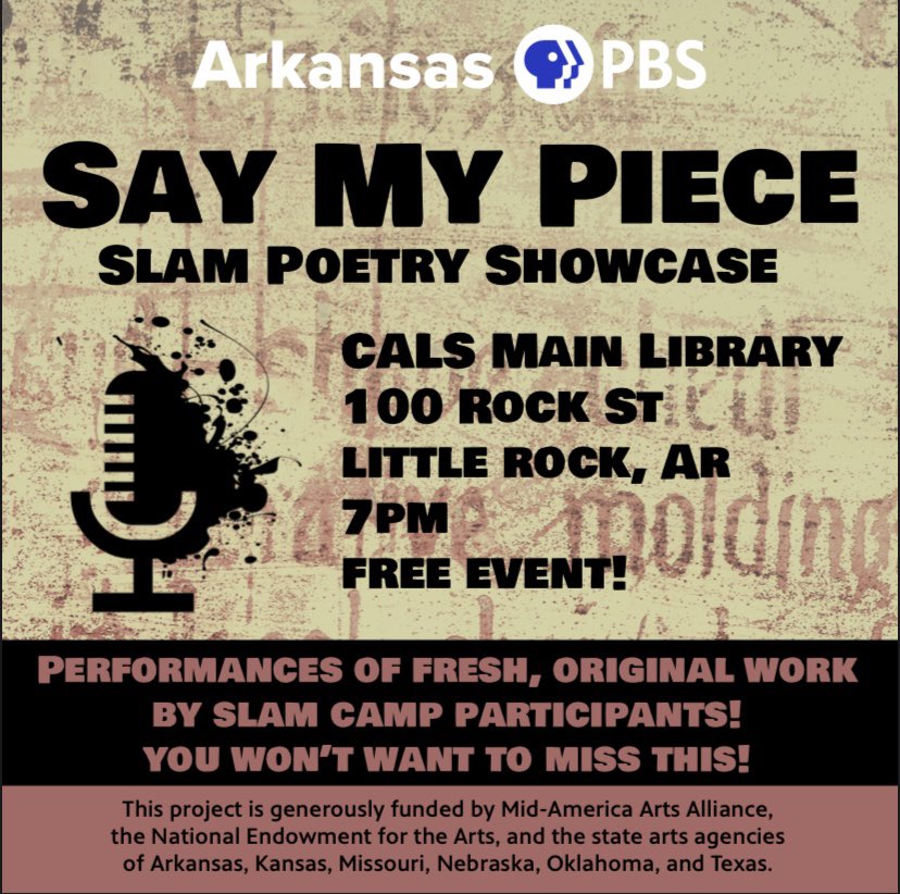 2019ATOY's tweet photo. Join us tomorrow! Itβs free and the youth are Uh-Mazing! #arkansaspbs #saymypiece #writeous #slampoetry https://t.co/LFyZGl88uc