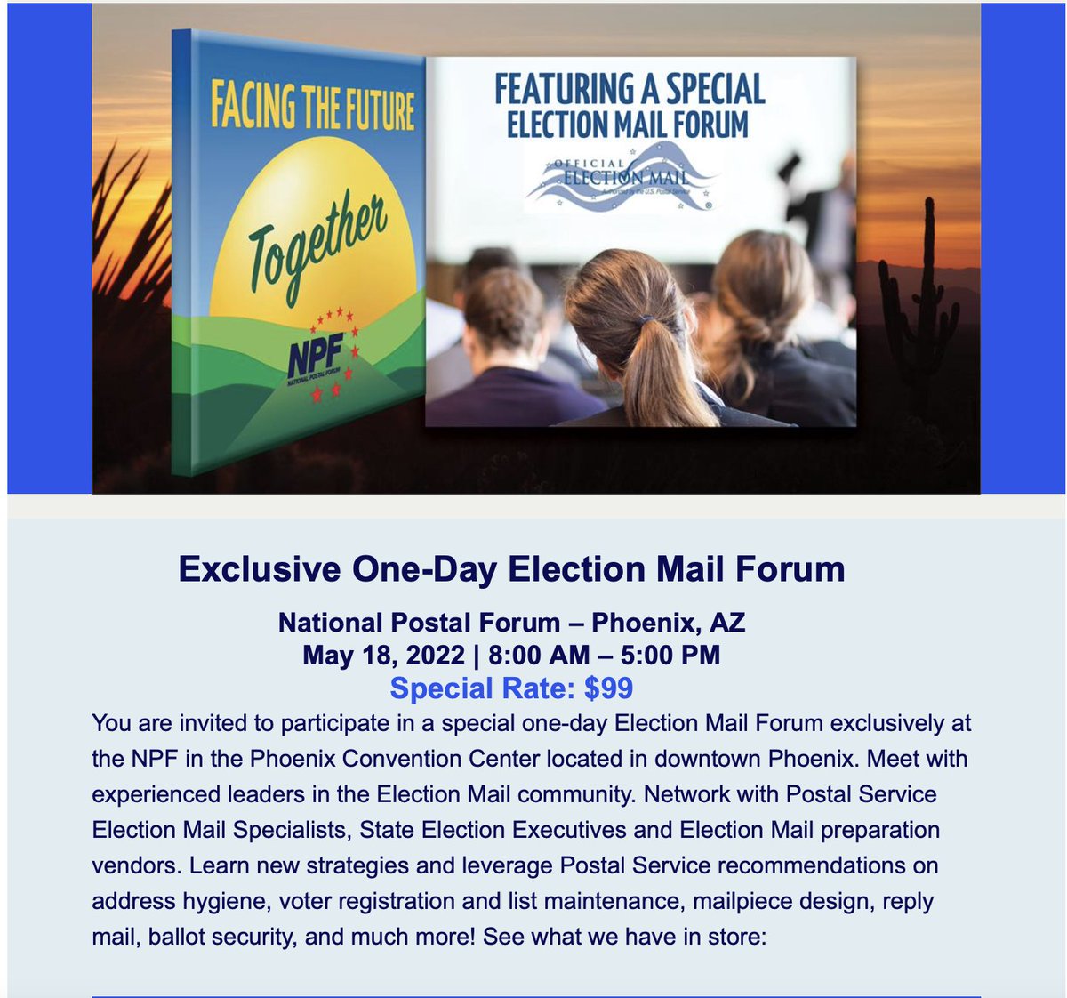 aztammyp's tweet photo. 1. OK #ElectionGeeks!
Registration is open for the @usps National Postal Forum @postalforum
https://t.co/hdslWpsQWH https://t.co/RcHUSMY5vp